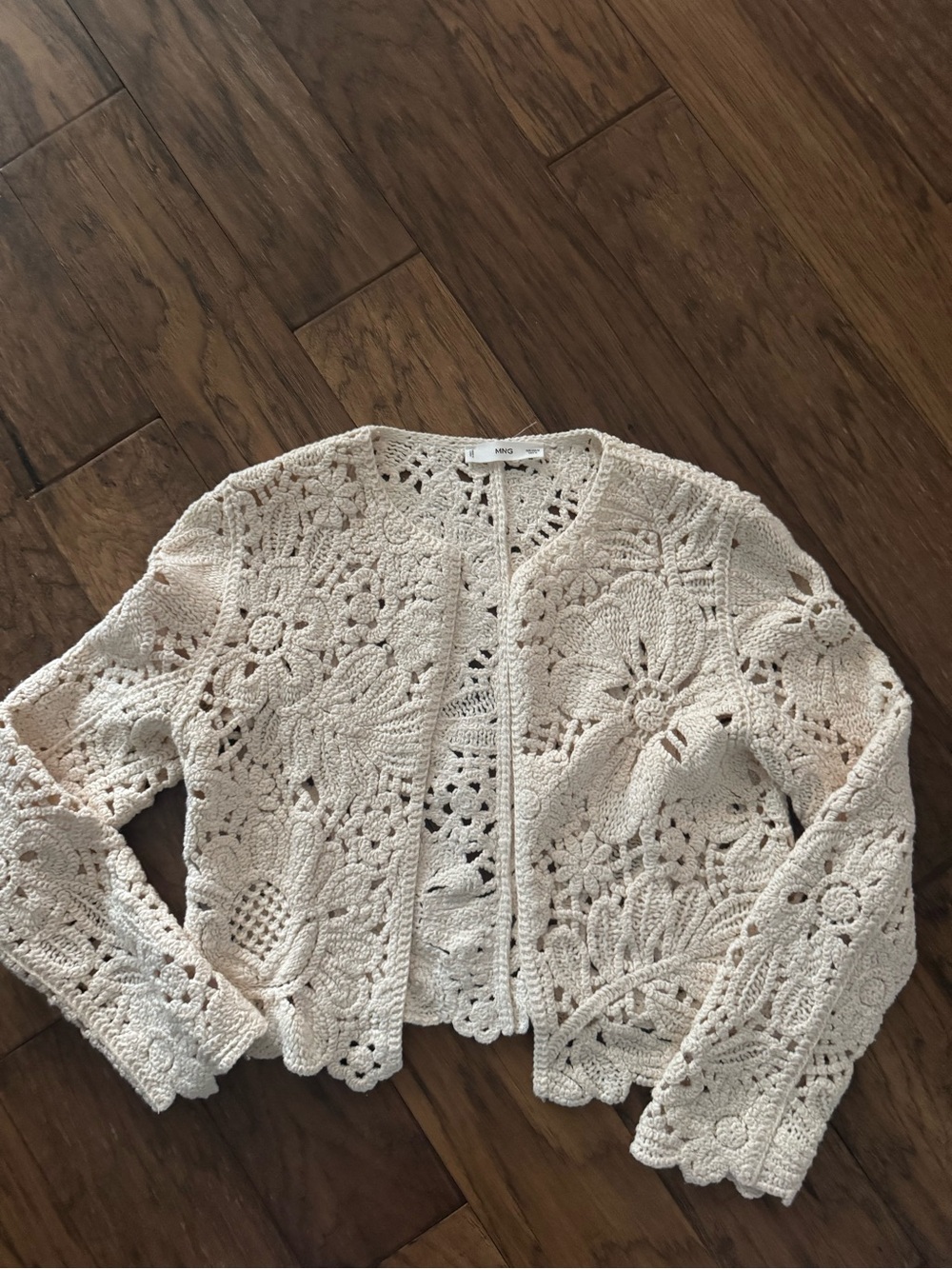 Mango Crochet Open-Front Cardigan Jacket - Cream
